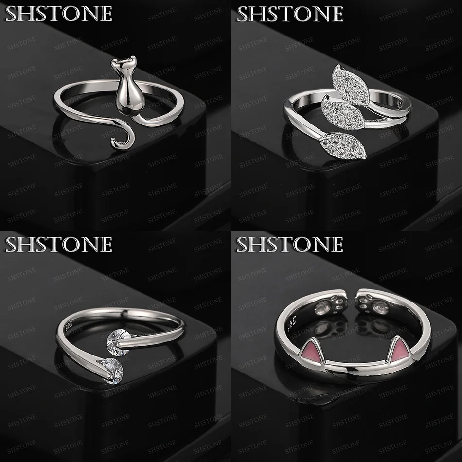 

Classic 925 Sterling Silver Cute Cat Cat-Paw Leaf Zircon Open Ring Women Party Wedding Birthday Jewelry Gift Accessories