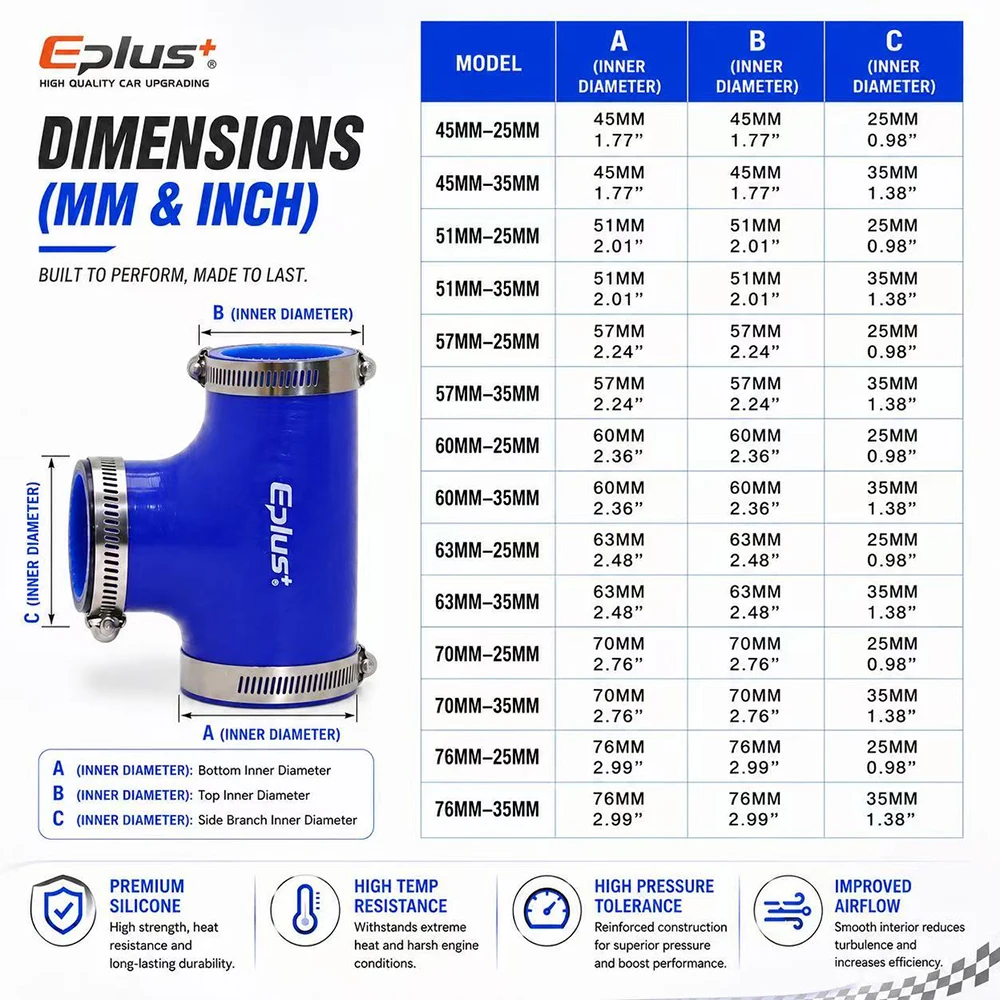 EPLUS Blauer Silikonschlauch 3-Wege T-förmiger Turbo-Ansaugschlauch Universeller Verstärkter Lufteinlass-Schlauch Silikagel-Kupplungsadapter – Detail 1