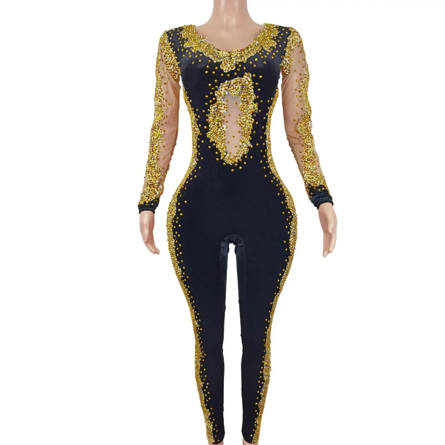 Sexy Women Black Gold Diamond Bodysuit Pole Dance Clothing Performance Costumes Lady Shining Bodycon Jumpsuit Plus Size Bodysuit