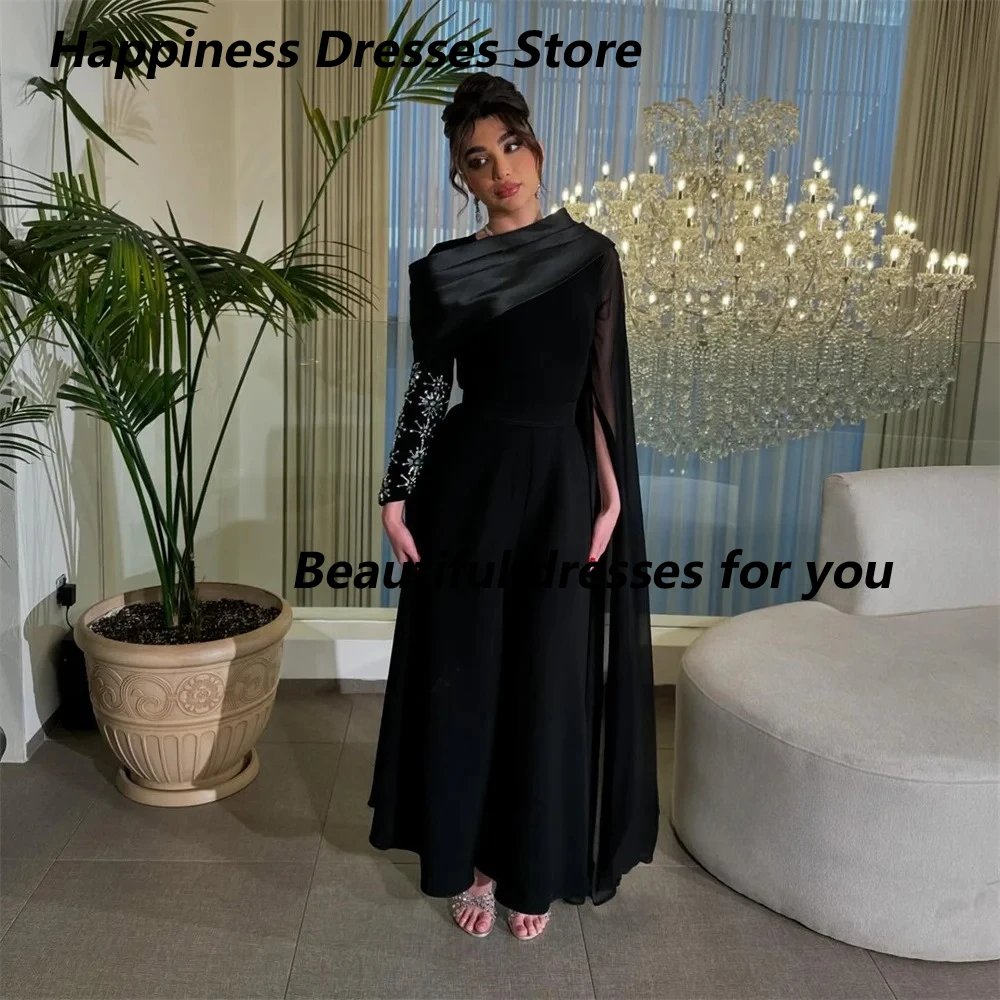 

Black Formal Evening Dress Jersey Pleat A-line Evening Gowns Boat Neck Crystal Long Sleeves Ankle Length Party Dress Customized