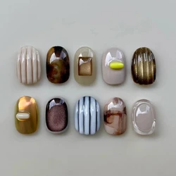 10Pcs Handmade Manicure Short Coffin Fake Nails Summer New Cute Limited Nails Press On Nails Design with Adhesive Nail File Set