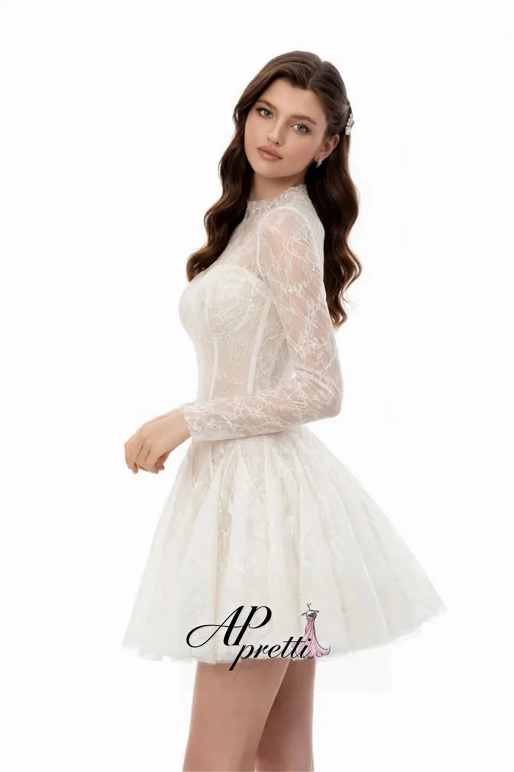 AP pretti Customized Vintage High Neck Long Sleeves Mini Party Dress Pleat Full Lace Prom Gown High Quality Graduation Dress ﻿