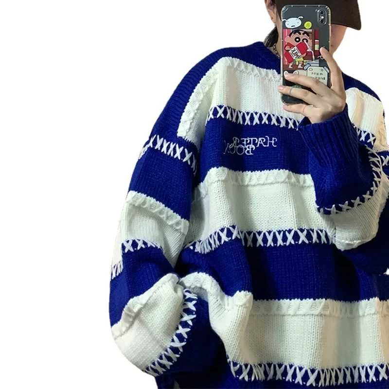 Klein Blue Knitwear Sweater Men's Design Feels Small Lazy Style Couple Knitwear Autumn/Winter Oversize Stripe Top