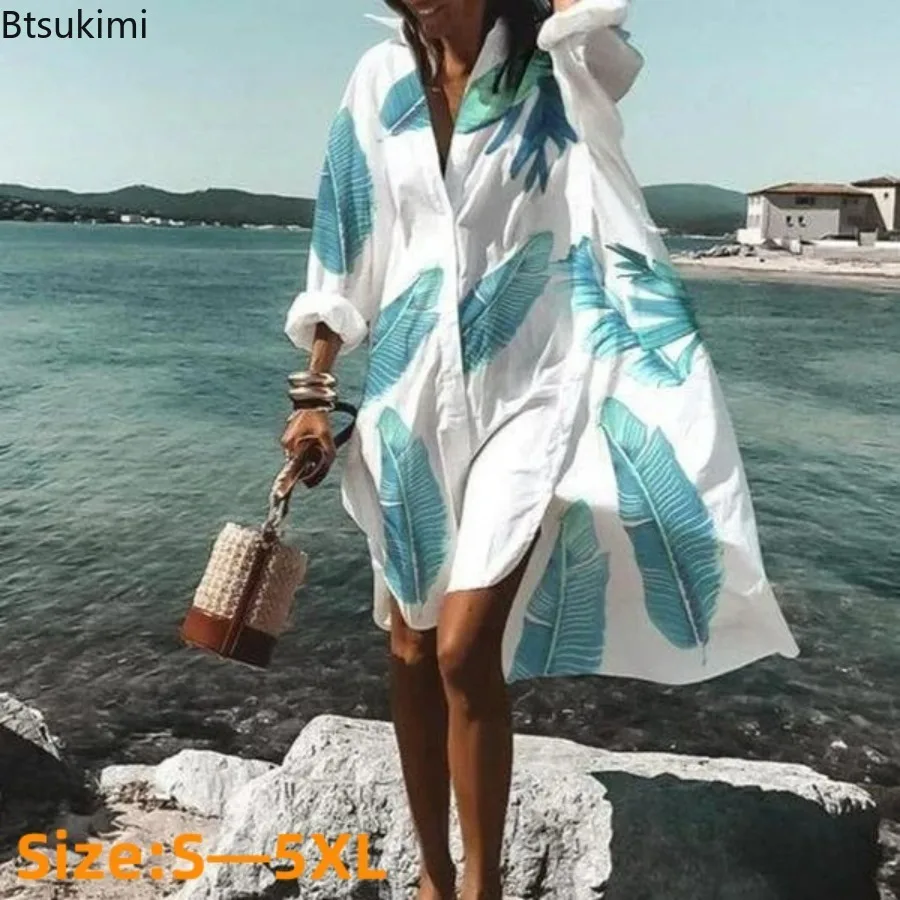 

2024 Women'sSummer Fashion New Shirts Dress Casual Printed Lapel Long Sleeve Buttons Irregular Dress Beach Sexy Party Dresses