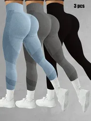 3-Pack Women's High-Waist Yoga Pants Stretch Striped Knit Fabric Skinny Fit Elastic Waistband Breathable Sports