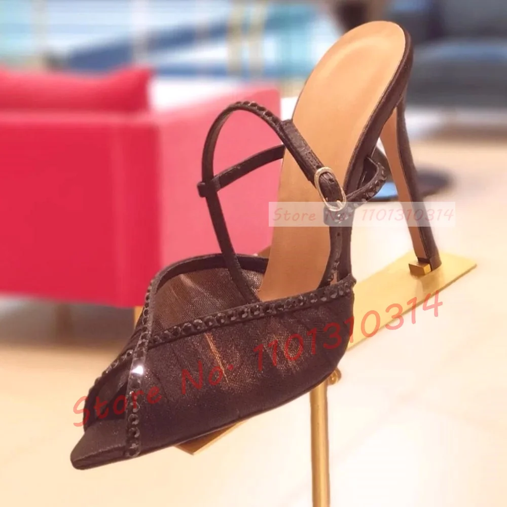 Peep Toe Tulle Sandals Stiletto High Heels Women Luxury Crystals Trim Pleated Mesh Shoes Summer Ladies Graceful Evening Shoes