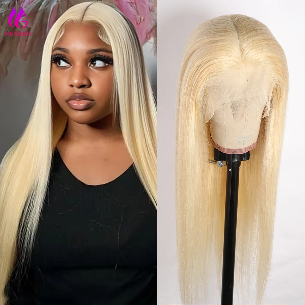 Megeen wig renda depan 13x4 HD ramping wig pirang 613 wig Frontal renda transparan 100% rambut manusia dapat dicelup rambut Virgin