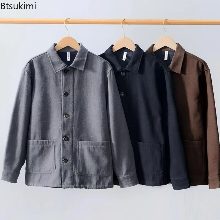 2025 Men's Warm Jackets Coats Autumn Winter Retro Solid Versatile Coats Male Loose Casual Cotton and Linen Tops Men's Clothing
