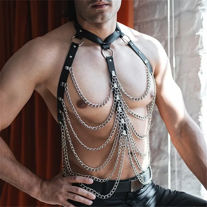 หนังผู้ชาย Body Harness CHAIN เครื่องราง BDSM Bondage เกย์เสื้อผ้าสายรัดเข็มขัดชาย Punk RAVE Clubwear เครื่องแต่งกายสําหรับเพศ