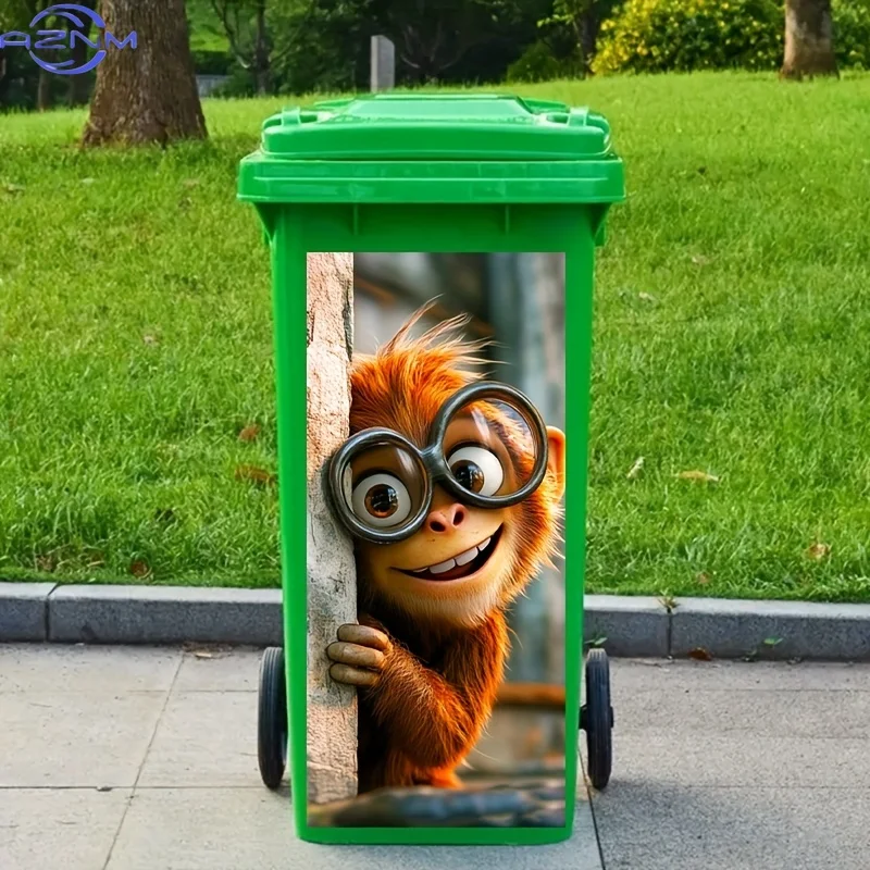 Funny Monkey with Glasses Peeking - Large Trash Can Decoration (14.57x32.28in) Waterproof PVC Sticker - Cute Kitchen, Office,