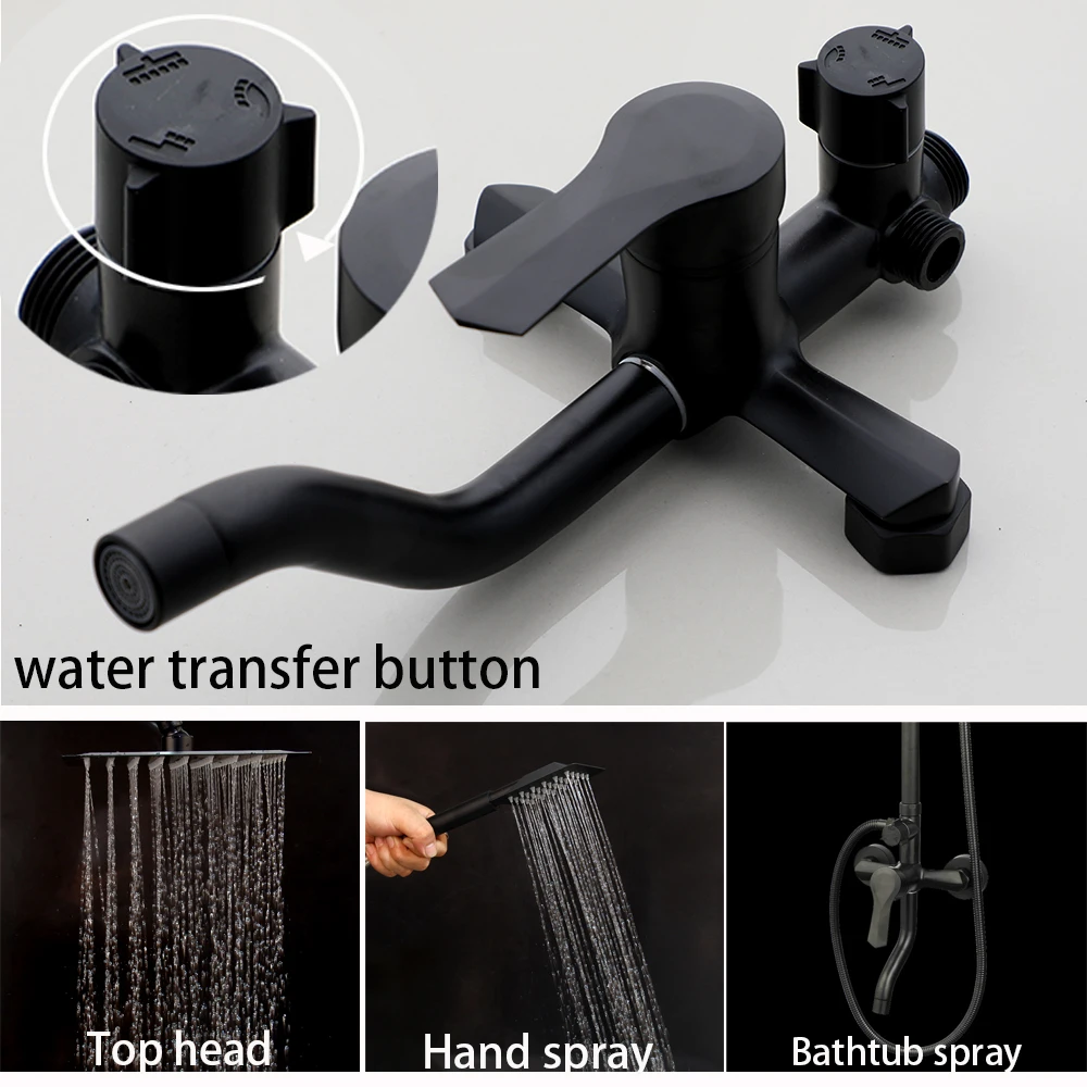 KEMAIDI Matte Black Bathroom Shower Set Rainfall Shower Head Bath Shower Mixer with Shelf Bathtub Faucet Chrome Shower Systerm