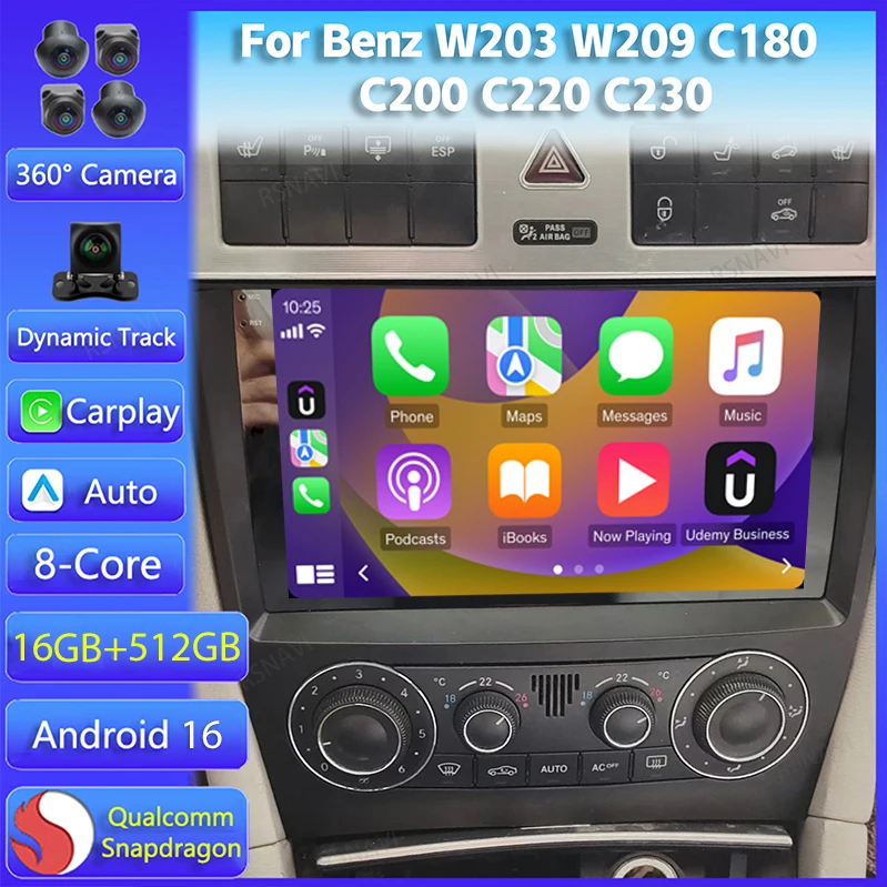 Android 16 Carplay Auto For Mercedes Benz W203 W209 C180 C200 C220 C230 Multimedia Car Radio GPS Stereo Head Unit BT DSP Player