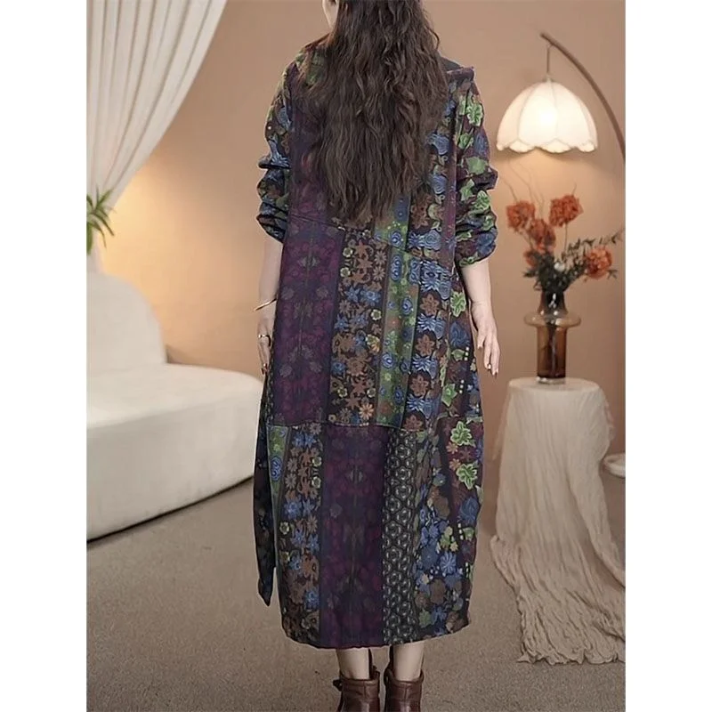 

Женский плащ из хлопка и льна с капюшоном, свободный длинный толстый осенне-зимний плюс бархатная ветровка, новинка 2026, теплая верхняя одежда с принтом