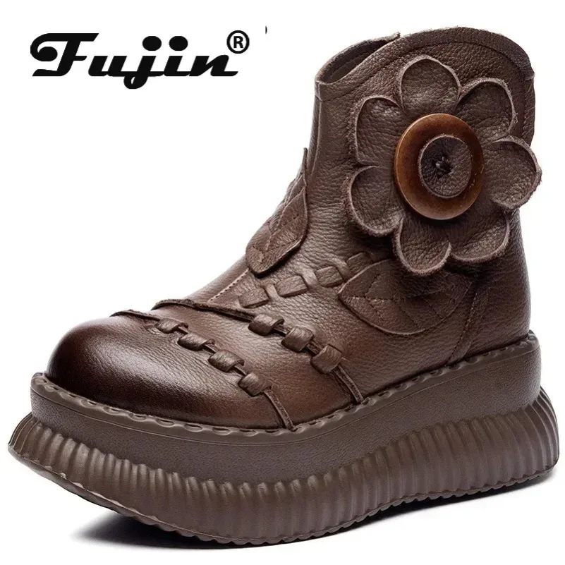 

Fujin 6.5cm Autumn Weave Flower Women Ethnic Chimney Shoes Genuine Leather Boots Ladies Spring Fashion Ankle Booties Moccasins