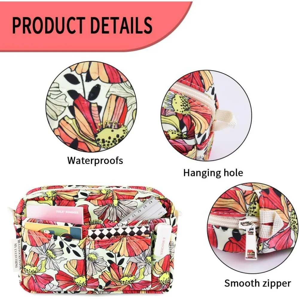 E-WEICHEN Organizer Portofolio Banyak Saku dengan Ritsleting, Tas Makeup Perlengkapan Perjalanan untuk Wanita, Alat Tulis Tahan Air Sederhana