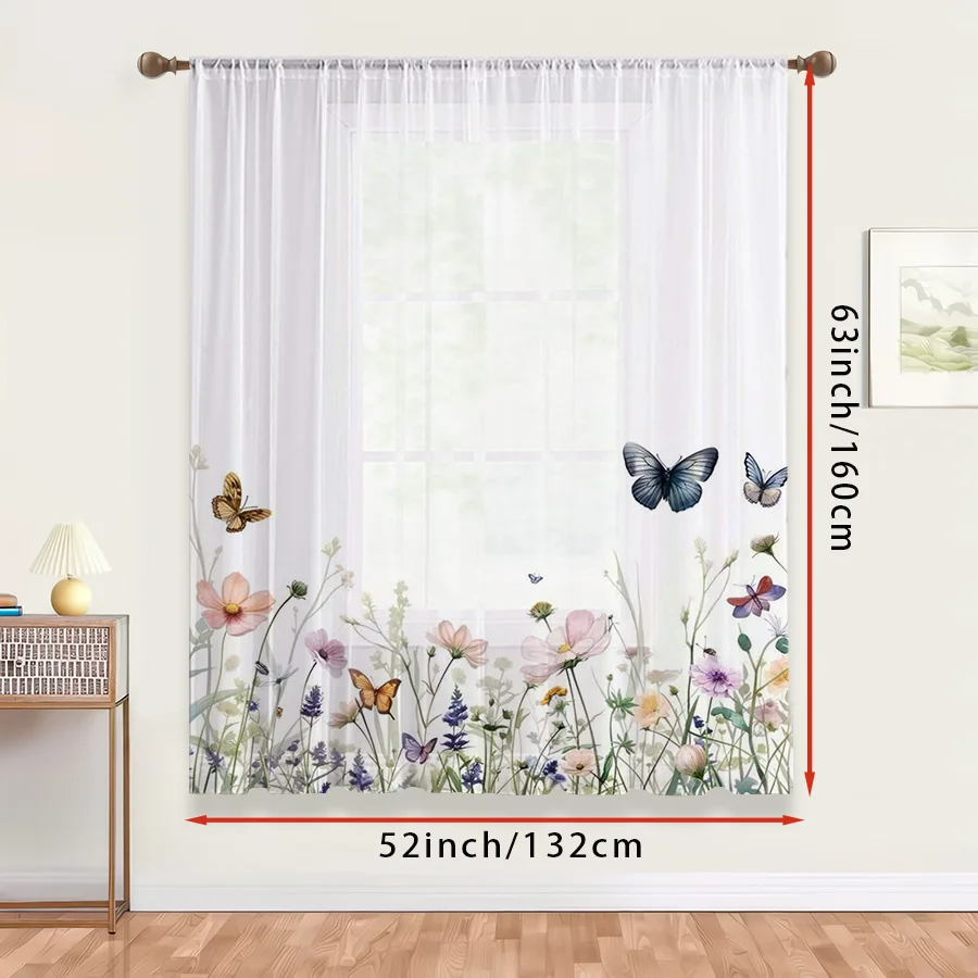 1PC Sheer Curtain Wildflower Butterfly Bottom Bouquet Print, Rod Pocket Window Curtain for Living Room Garden Decor