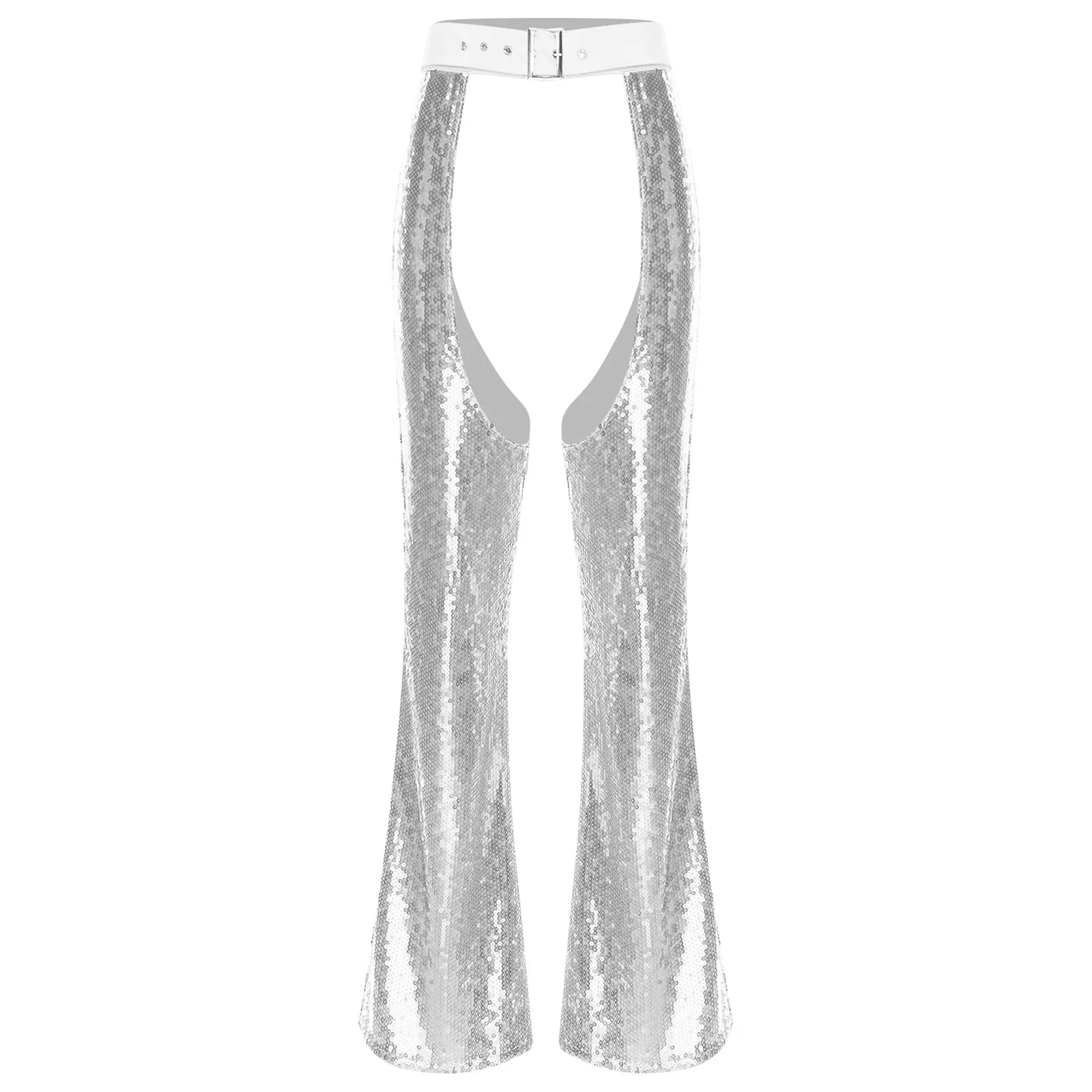 

Halloween Masquerade Disco Hippie Dance Pants Women Fashion Shiny Cowgirl Chaps Pants Trousers Crotch Hollow Out Cover Pants