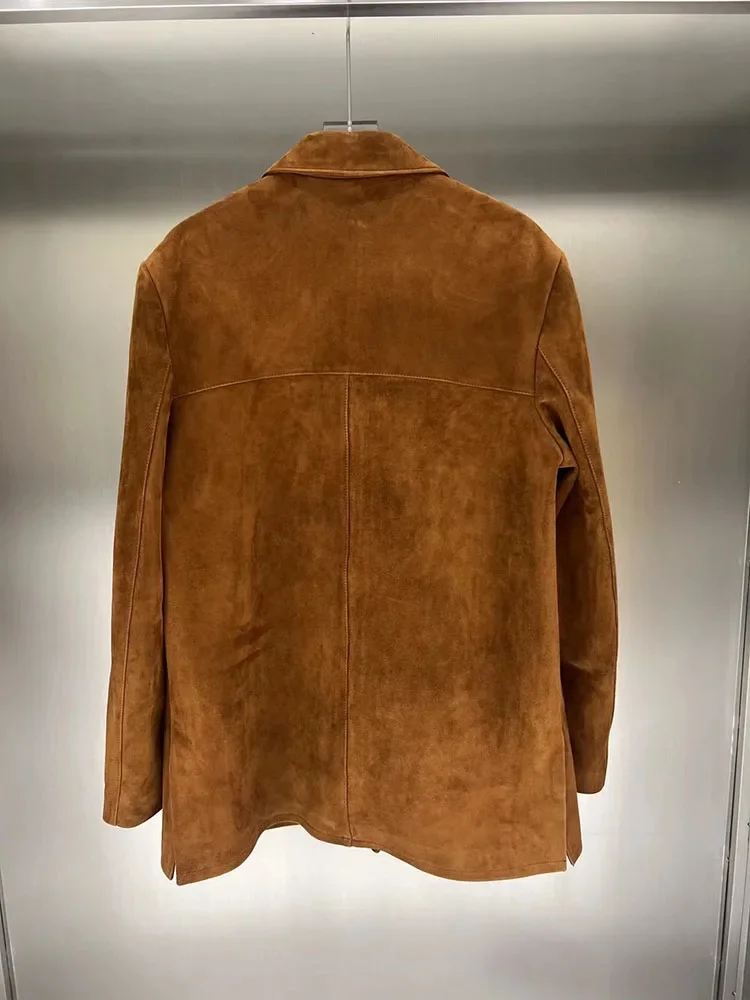 Veste en daim vintage marron pour femme, blazer imbibé de cuir, manteau à fouet haut, streetwear décontracté, nouveau, 2024