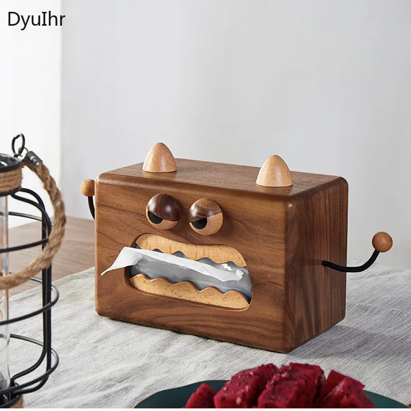 

DyuIhr wood color creative home decor solid wood little monster tissue box desktop living room home wooden pumping paper box