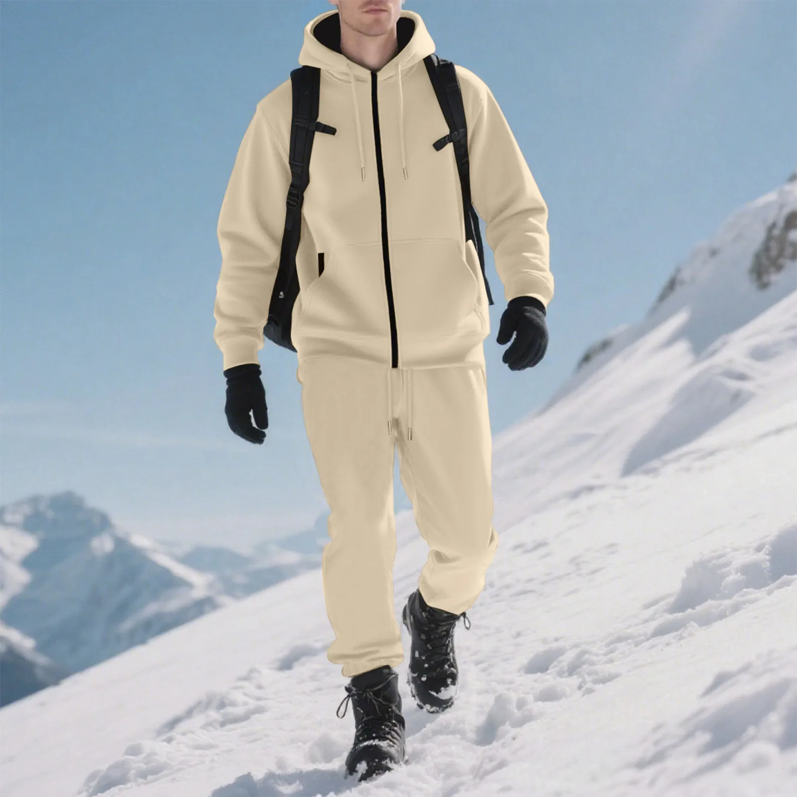 Fashion Men Winter Warm Hooded Sweatshirt Set Solid Color Fleece Sweatshirt Jacket With Plush Pants Set Casual Coat And Trousers