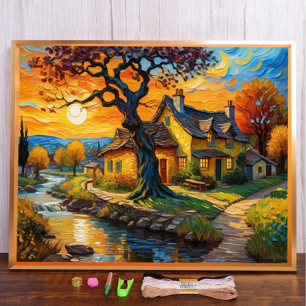 Sonnenuntergang Haus bedruckte Leinwand Kreuzstich Stickerei komplettes Kit DMC Fäden Handarbeiten handgemachte Handwerk Handwerk gezählt magische Geschenk