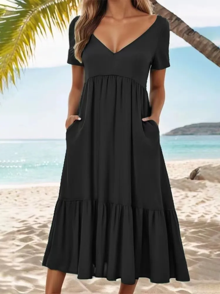 Summer Loose Dress Fashion Women\'s Loose Casual Solid Color V-neck Pocket Dress Female New Black V Neck Office Elegant Dress