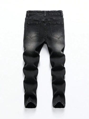 Imagen 2 del producto 1 pieza de pantalones vaqueros de moda lavados con copos de nieve para las cuatro estaciones para hombre, pantalones vaqueros casuales elásticos ajustados gris claro negro oscuro, Normcore y de moda, adecuados para el uso diario