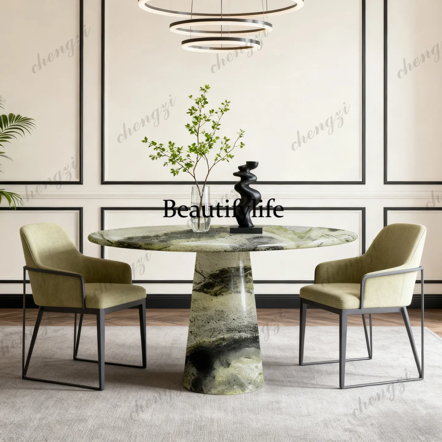 

P37 Italian high-end natural marble round dining table, designer light luxury villa