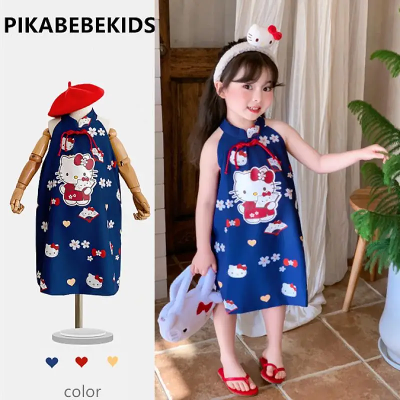 

Kawaii Hello Kitty девушки Ретро китайский стиль Чонсам летнее аниме Sanrio Девочка Сердце милое детское Новое китайское платье