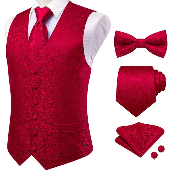 Herren Rot-Rosa Blumen-Paisley V-Kragen Weste Komplettset Business-Party-Kleidung Passendes Outfit – Detail 5