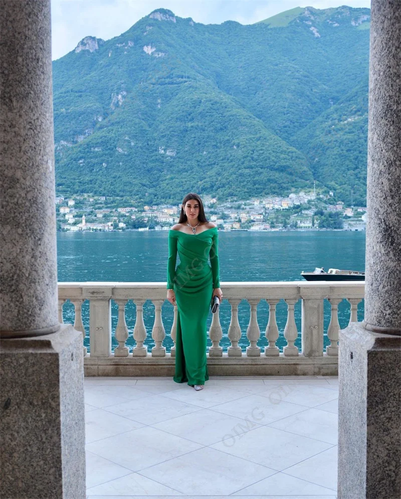 OIMG Green Long Sleeves Evening Prom Gowns Mermaid Floor Length Off Shoulder Formal Occasion Party Dresses 2023 Vestidos