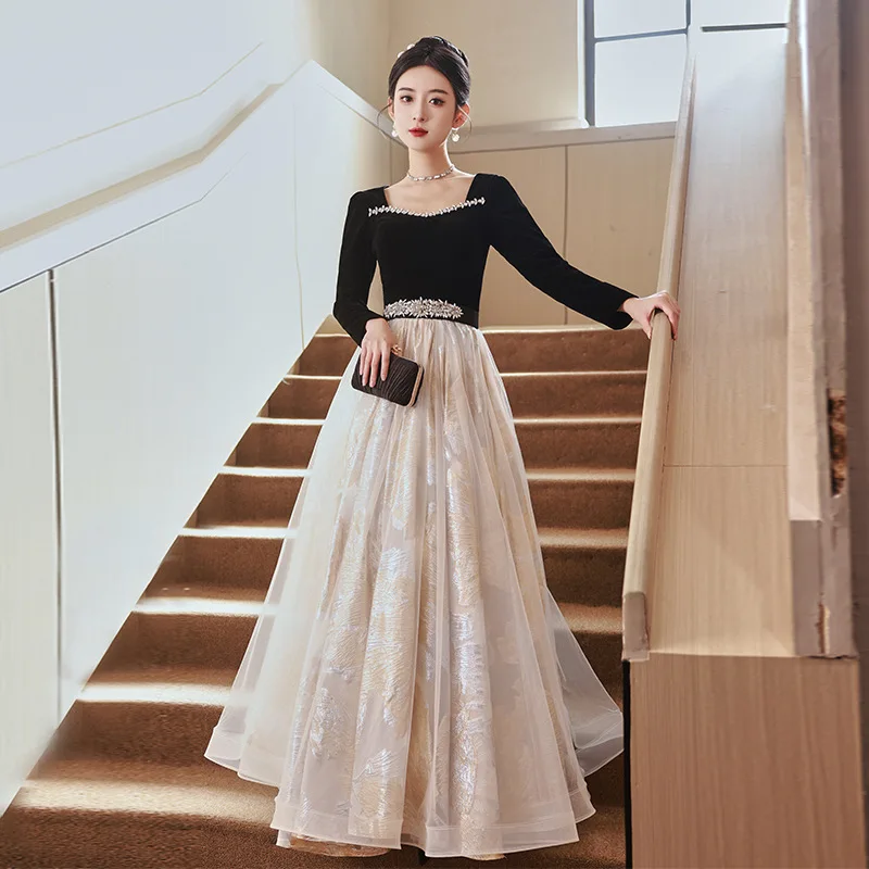 

Spring Autumn New Velvet Lace Splicing Style Evening Dress Female French Long Slim Fit Meeting Performance Flowers Dresses