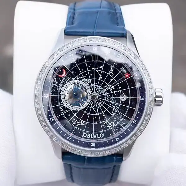 OBLVLO Men Automatic Watch 41mm Mechanical Wristwatch Waterproof Sapphire Luminous Rotatable Constellation Dial 24Hours