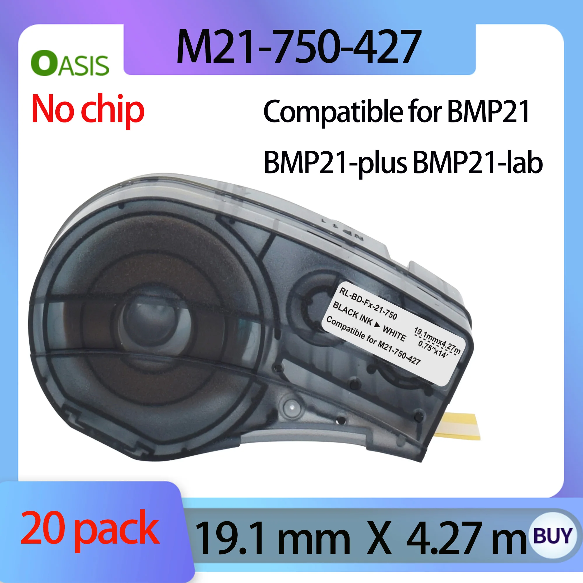 20 Pack M21-750-427 Label Tape for Brady BMP21, BMP21-PLUS  Label Printer, 19mm Black on White, Replacement Cartridge.