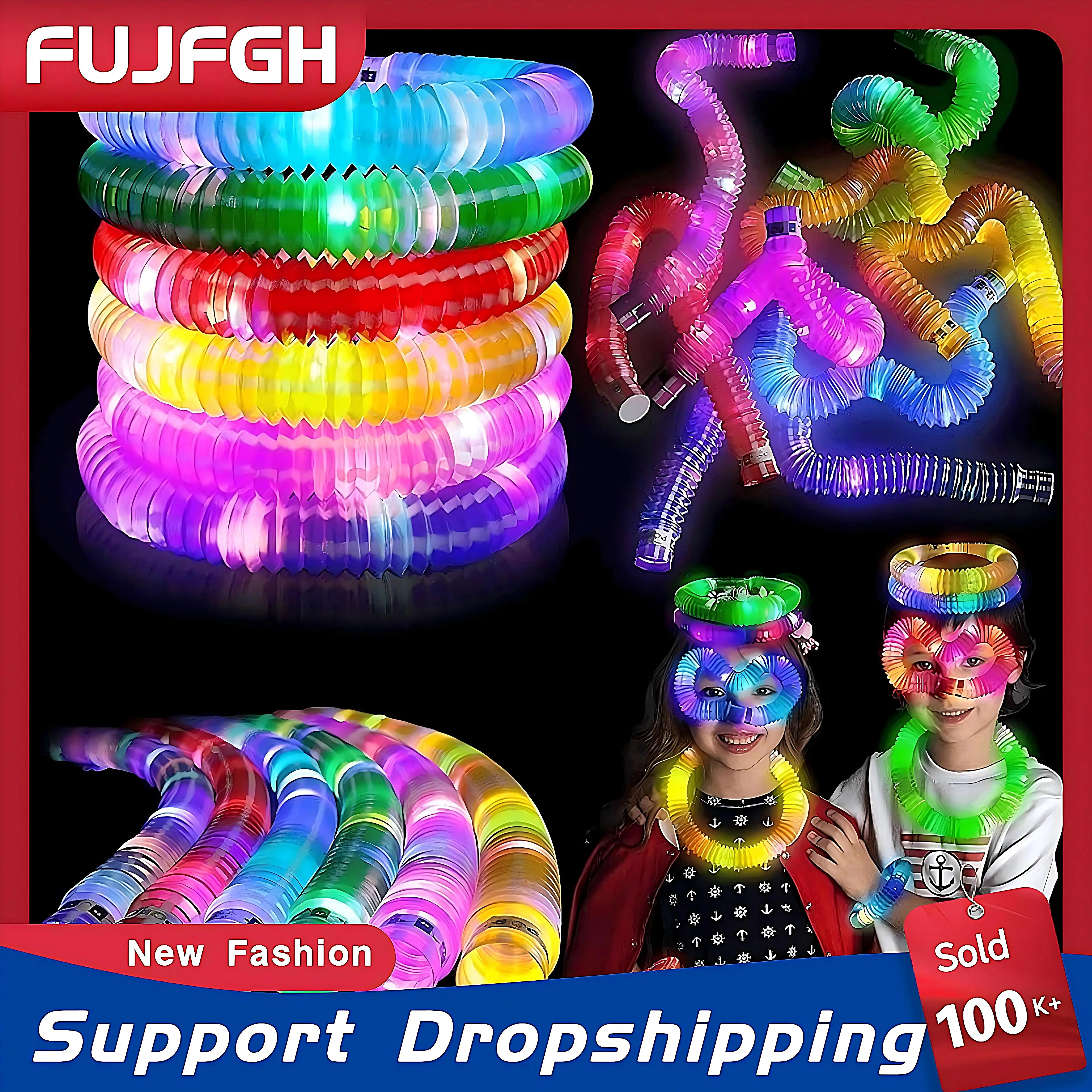 6/12/18/24 pcs Pop Tubes Lighted LED Sensory Toys Pull Stretch Tube Toddlers Gifts Children\'s Luminous Popping Party Supplies