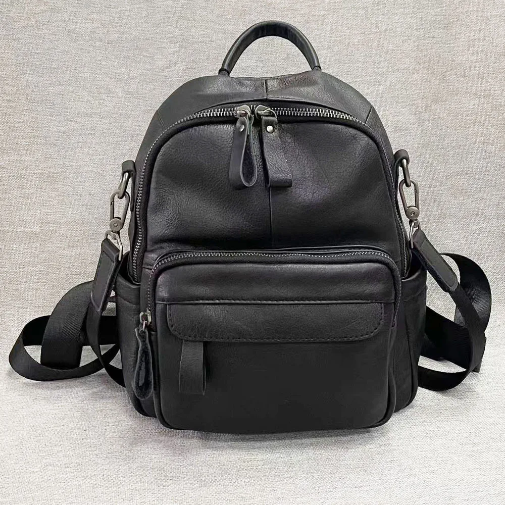 Black Real Cow Leather Backpack 2026 New Woman Genuine Leather Bagpack Spacious Multi Pockets Laides Cowhide Shoulder Bag