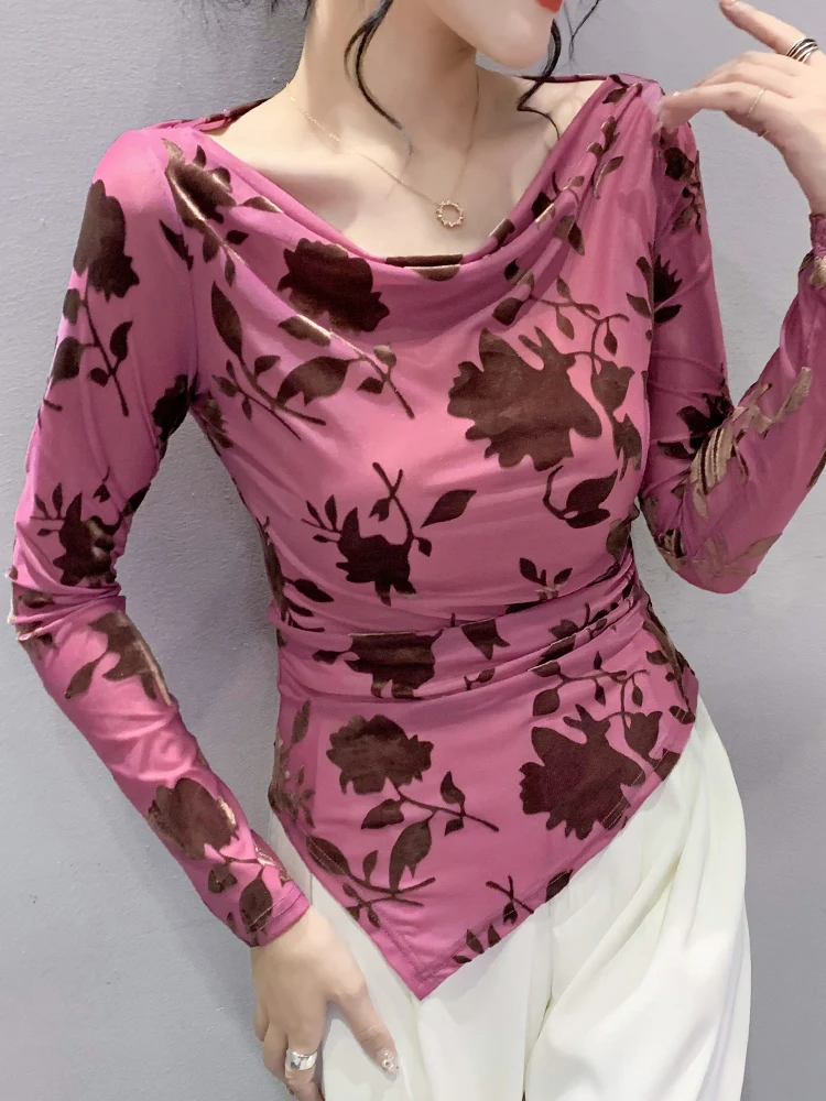 섹시한 롱 슬리브 언더레이 티셔츠 여성용 패셔너블한 언밸런스 밑단 원숄더 탑 한국 스타일 출퇴근용 독창적인 패턴