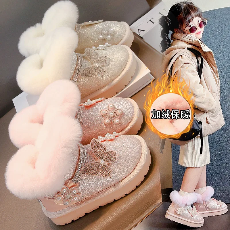 2026 Winter New Kids Princess Snow Boots Fleece Lined Thickened Cotton Shoes Fluffy Trim with Flower Butterfly Warm Ankle Boots