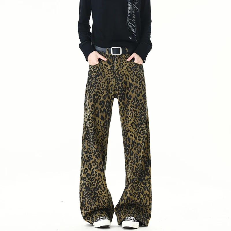 Retro Leopard Print Micro Flared Jeans Men Loose Wide Leg Flared Denim Pants Y2K Street Fashionable Trendy Personalized Trousers