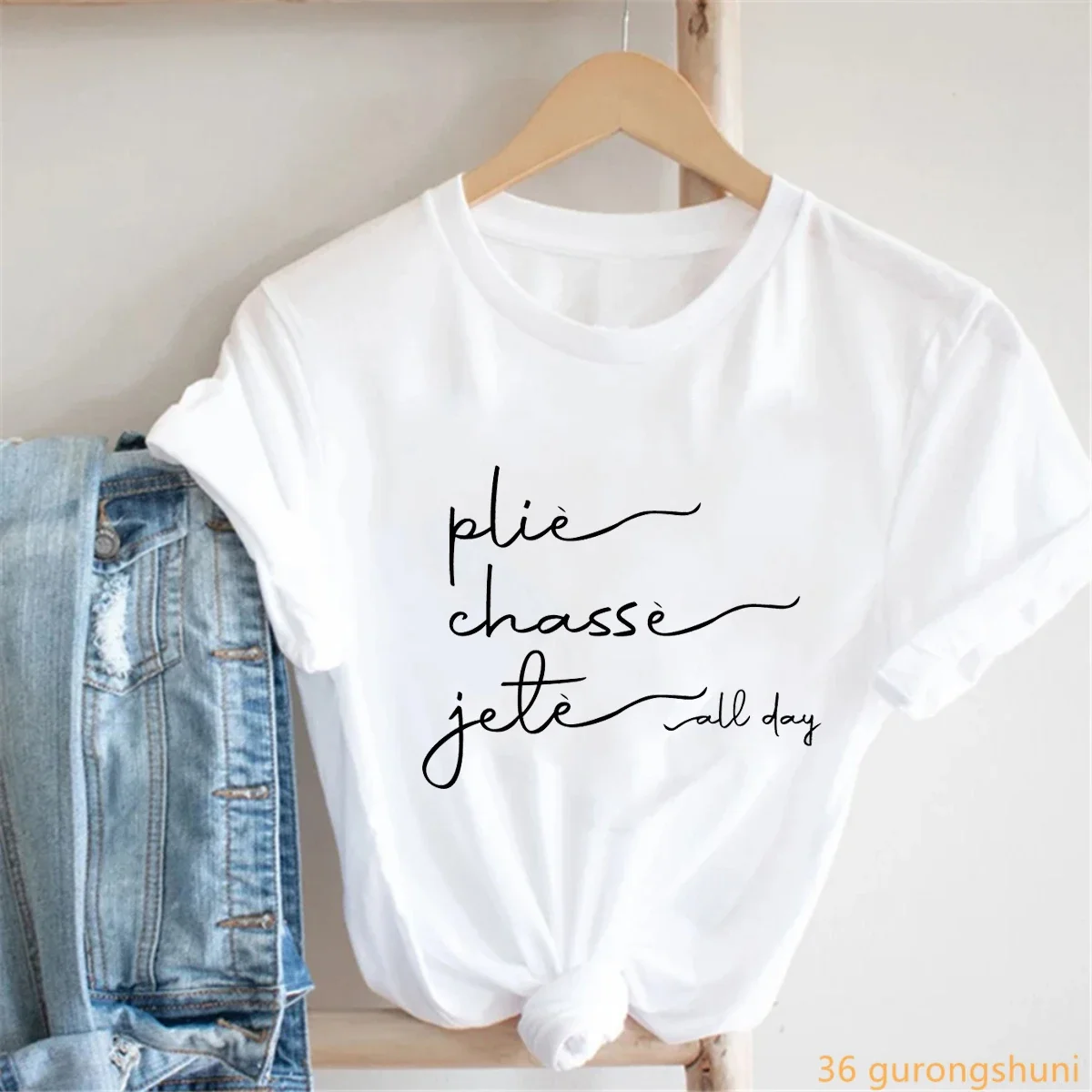 

Plie Chasse Jete, футболка с буквенным принтом на весь день, женская футболка для танцев балерины, футболка для девочек, летняя модная футболка с коротким рукавом