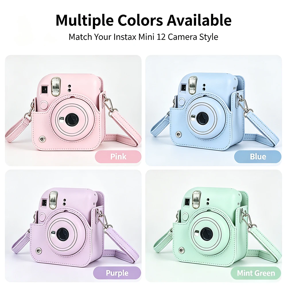 Instax Mini 12 Case, PU Leather Soft Protective Cover with Shoulder Strap, for Fujifilm Camera - Funda Estuche