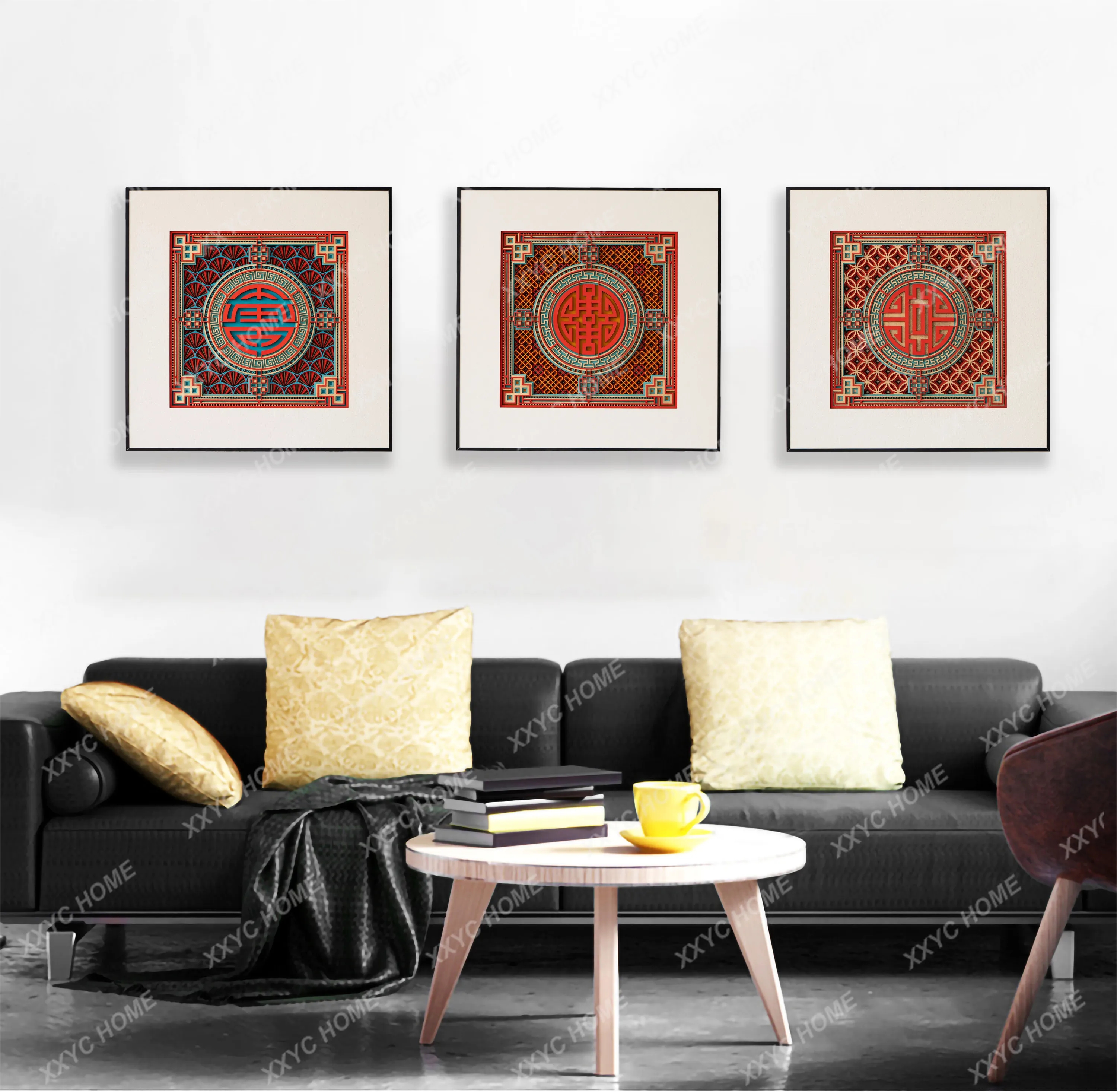 ladder wood stacking carving new Chinese style happy character hanging painting creative living room wall decoration