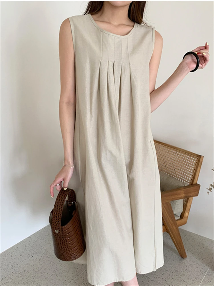 REALEFT Summer Bohemian Cotton Linen Women's Dresses Sleeveless High Waist New 2023 O-Neck Casual Loose Tank Dresses Female