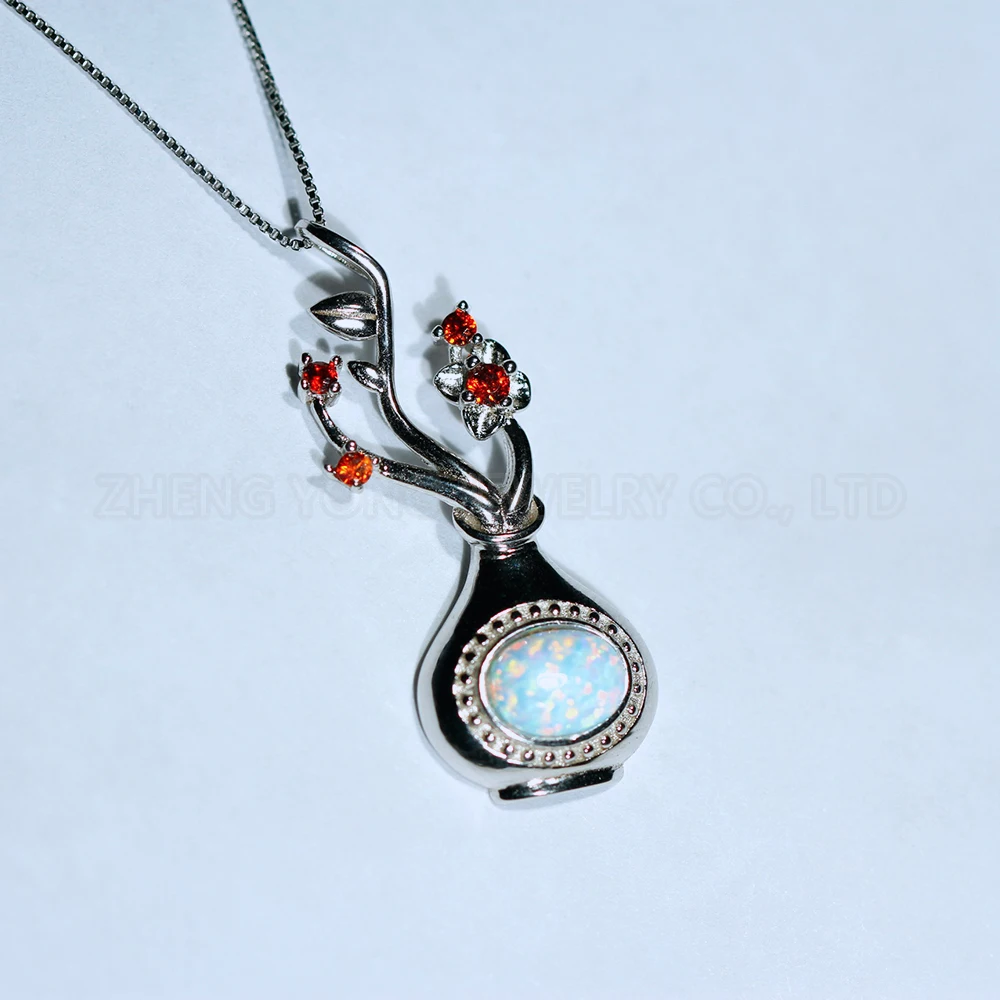 Silver Vase Pendant for Necklace Synthetic White Opal Pendant Vase Necklace Pendant