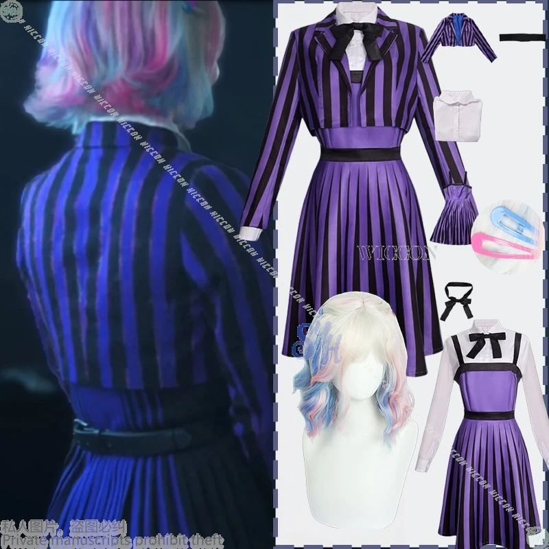 

NebulaCloak Movie Nevedrmorer School Uniform Enid Sinclair Costume Striped Dress Lolita Jirai Kei Girls Halloween Customized