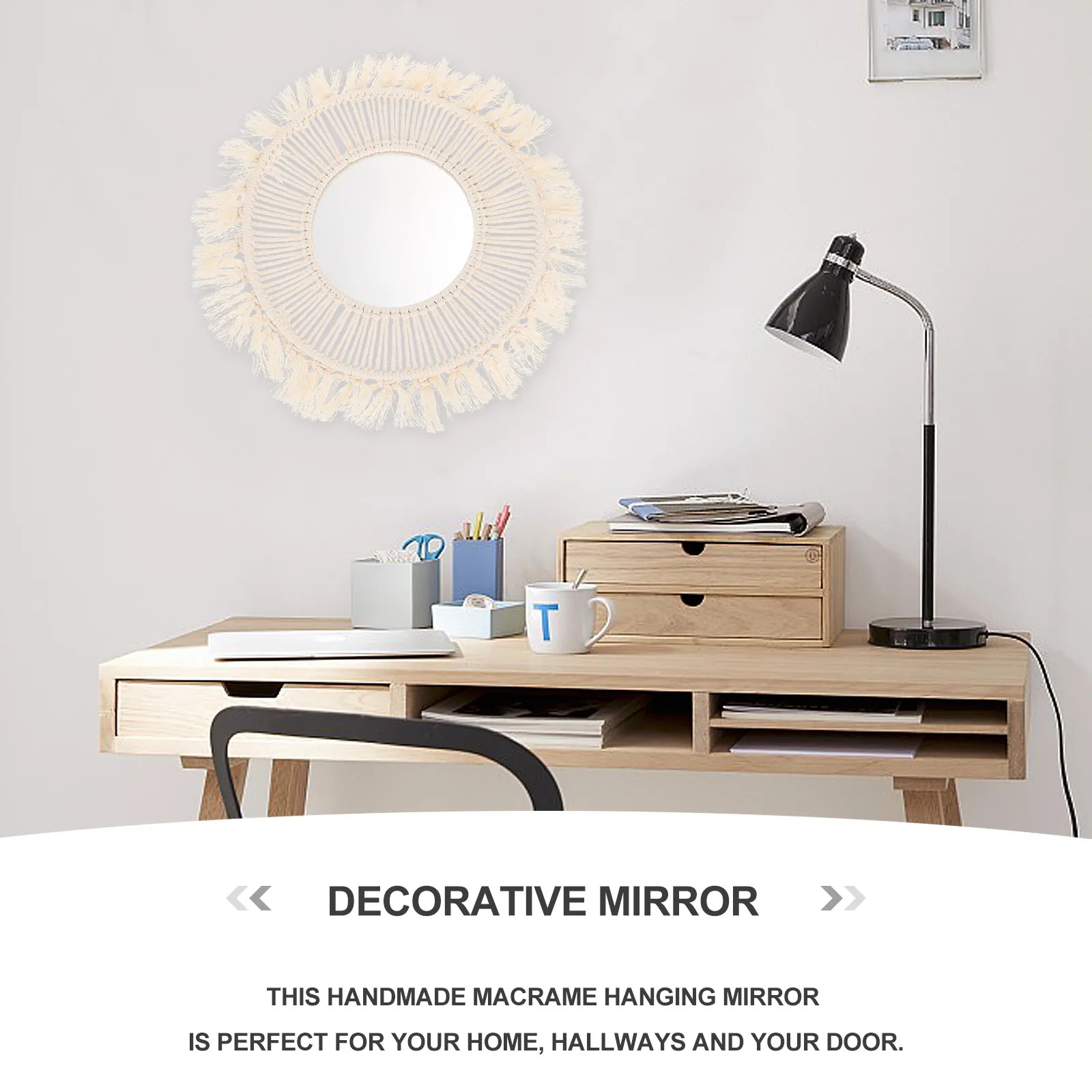 1Pcs Handmade Beige Macrame Wall Hanging Mirror Bohemian Style Decorative Round Mirror for Bedroom Living Room Boho Wall Decor