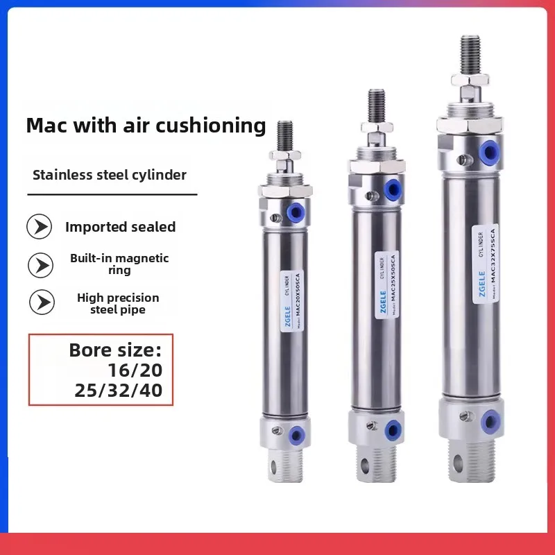 MAC Mini Stainless Steel Pneumatic Cylinder MAC16/20/25/32/40-Stroke25-200mm Adjustable Reciprocating Buffer Type With Magnet