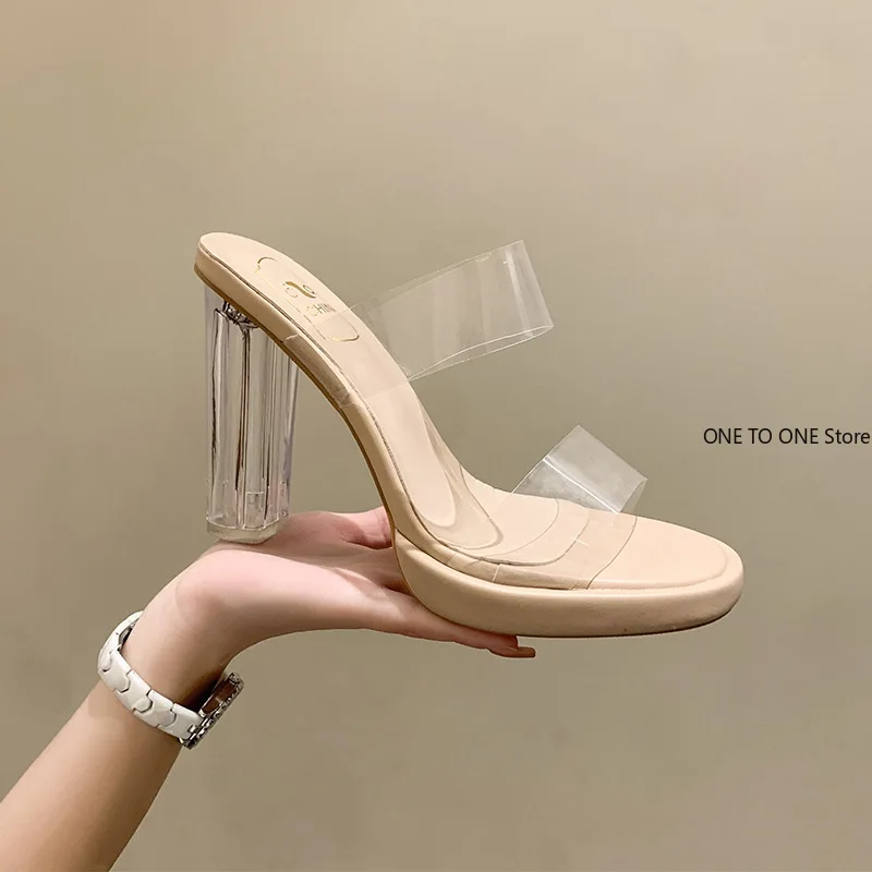 Tacones altos de talla grande 42 para mujer, novedad de verano 2021, mesa impermeable con una línea, pies no cansados, zapatillas gruesas de cristal, zapatos de mujer