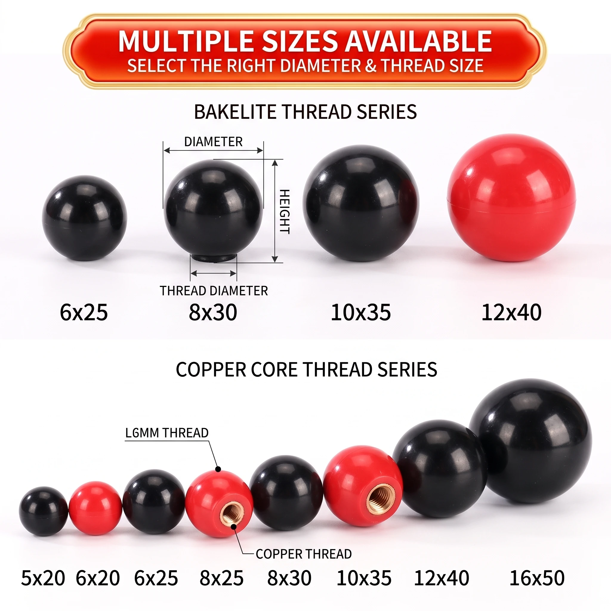 YGTITAN Bakelite Ball Handle Knob, Round Grip Manual Adjustment Handle for Industrial Machine Equipment Mechanical Control Parts