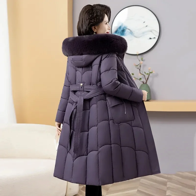 Winter New Middle-Aged Mother Down Cotton Jacket Women Parkas Fur Collar Hooded Thick Warm Long Puffer padded Coat Female T755